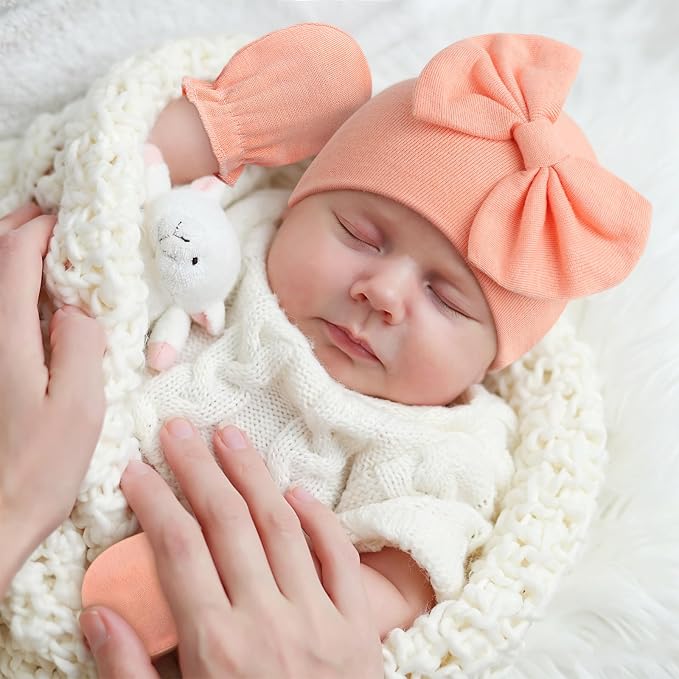 BQUBO Newborn Baby Girls Hats Mittens Set Hospital Hat Beanie Infant Bow Hats Baby Cotton Gloves for 0-6 Months