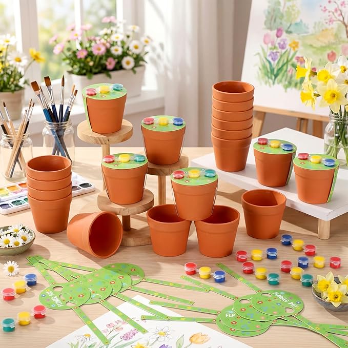 30 Set Paintable Flower Pot with Drainage Craft Kit DIY Flower Plant Crafts with Paint Flowerpot Lid for Spring Summer Gardening Art Project Classroom Party Activities