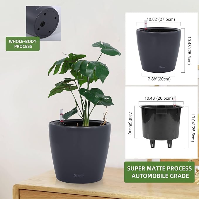 Dexceder 11x10 Self Watering Planter (Slate Gray Matte) | Inner Pot Design, Thickened Table Flower Plant Pot with Water Level Indicator Indoor Outdoor