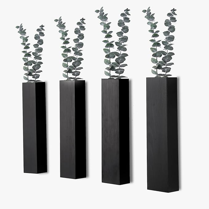 Wall Planters for Indoor Plants, Set of 4 Black Modern Farmhouse Wood Wall Decor for Indoor Plants, Hanging Planter for Living Room, Bathroom Wall Decor, Dried Flowers and Faux Greenery