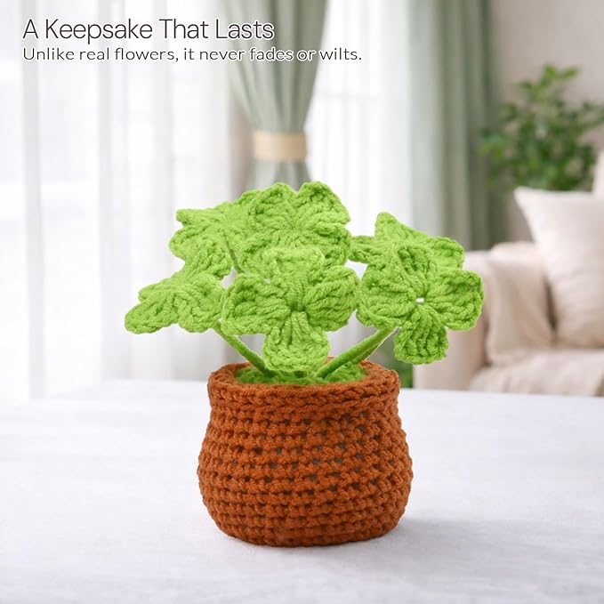 Handmade Positive Crochet Flowers, Four-leaf Clover Gifts - Good Luck, New Job, New Business, Encouragement Gifts for Coworker, Boss, Friends - Emotional Support Crochet Plants for Desk Decor