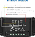 10A Solar Water Pump Controller, Zuomeng DC Pump Controller Compatible with 12V and 24V Systems, Featuring LED Display Light and Overcurrent/Overload Protection