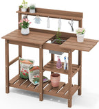 SERWALL Outdoor Potting Bench 2-Piece Set, Rot-Resistant HDPE Potting Table with Removable Sink for Outside Gardening, All-Weather Use - Brown
