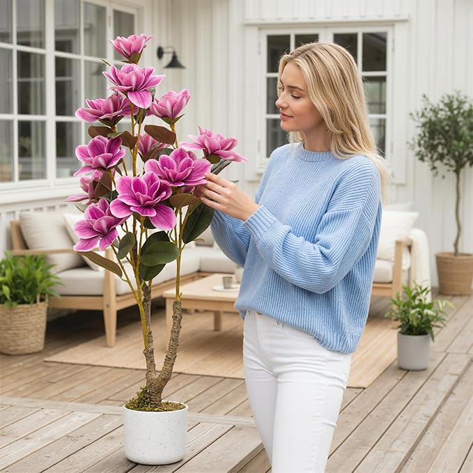 37" Artificial Magnolia Tree 2 Pack, Artificial Realistic Magnolia Grandiflora with White Planter and 12 Lifelike Flowers, 3.1FT Fake Potted Flower Plant for Home Office Decor, Pink
