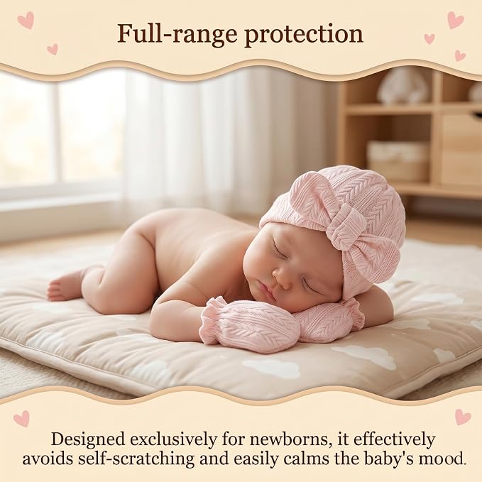 8 Sets Cotton Newborn Hats and Mittens,Ribbed Preemie Baby Girl Turban Beanie Cap with Top Bow Knot, No Scratch Gloves for 0-3 Months Hospital Bag Essentials.Wheat Patterned White/Pink/Apricot