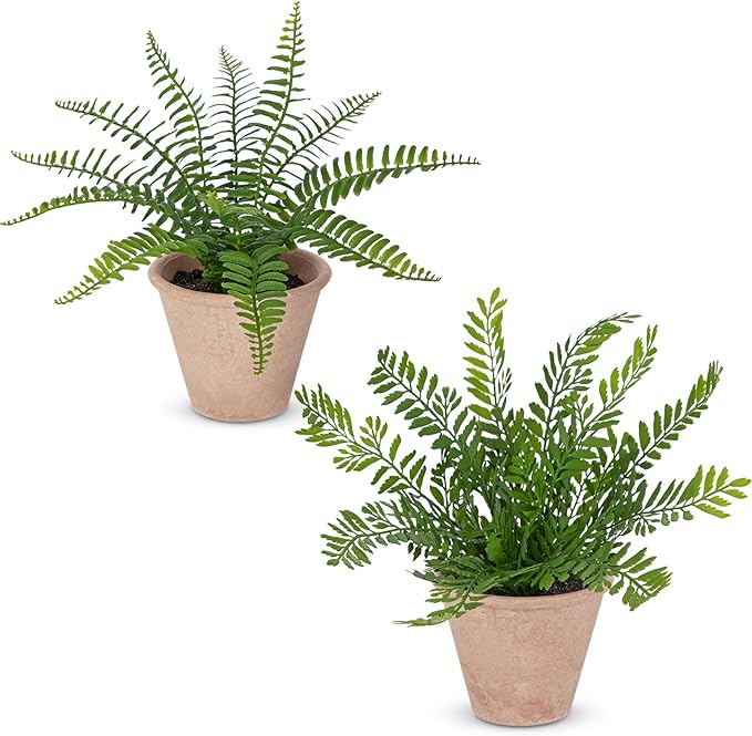 2 Pack Artificial Fern Potted Plant, Faux Fern Plant Small Fake Plants in Pot for Home Office Farmhouse Living Room Bathroom Kitchen Tabletop Desk Shelf Decoration