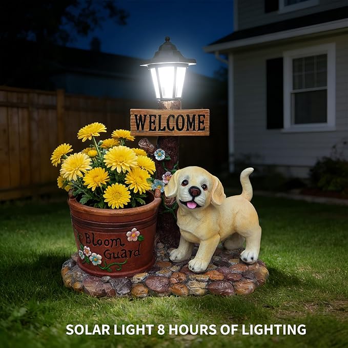 Animal Outdoor Statue Planter Solar Light Welcome Garden Sculpture Resin Flower Pot Decorative Porch Patio Yard Lawn Entryway Figurine with LED Lamp Rustic Plant Holder Ornament Courtyard (G)