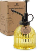 OFFIDIX Glass Watering Spray Bottle, 6.3" Tall Vintage Style Decorative Plant Atomizer Watering Can Pot with Bronze Plastic Top Pump for Indoor Potted Plants(Yellow)