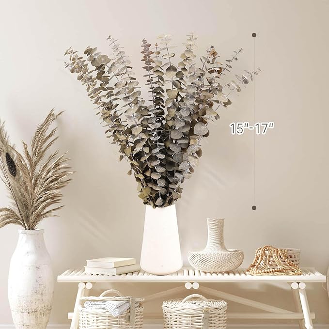 Tavkite 16 Pcs Dried Eucalyptus Stems, 17'' Natural Fresh Eucalyptus Leaves Branches Hanging for Shower, Preserved Real Plant Live for Home SPA Wall Bathroom Wedding Party Vase Decor