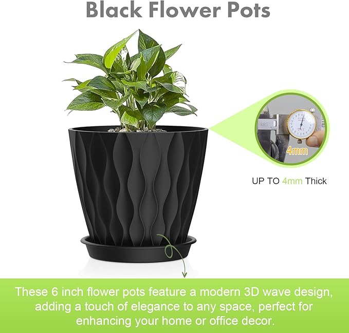 Meowell 6 inch Plant Pots, 5 Pack Flower Pots for Indoor Outdoor Plants, Water Ripples Plastic Planters with Drainage Holes and Saucers, Nursery Pots for Small Succulent Garden House Plants, Black