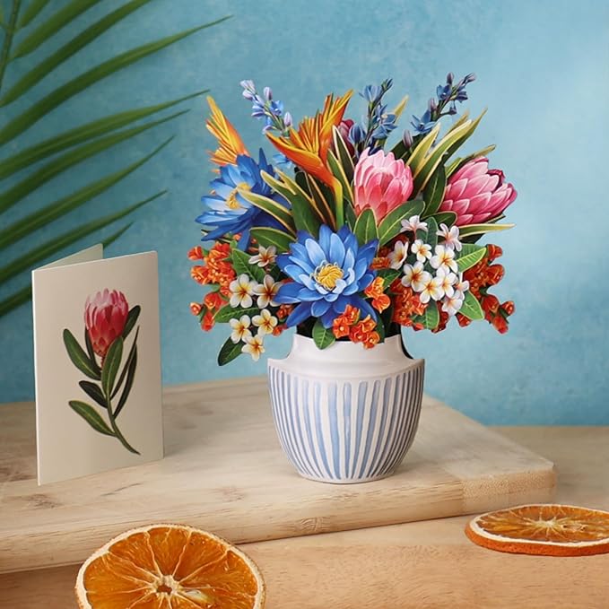 Freshcut Paper Mini Tropical Paradise Pop Up Cards, 6 Inch Mini Sized Forever Flower Bouquet 3D Popup Greeting Card, Birthday Cards, Valentine's Day Card, Blank Notecard & Envelope