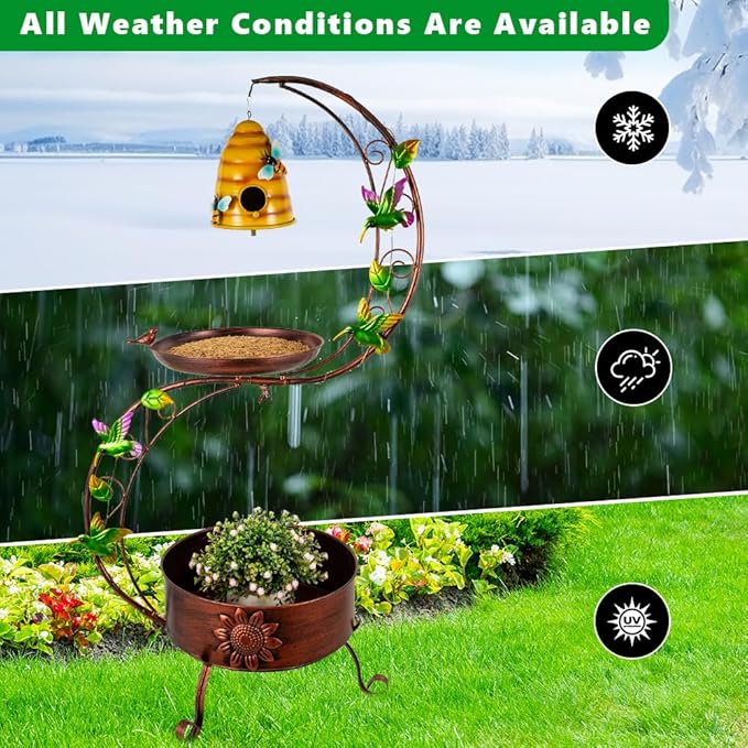 DREAMSOUL Bird Bath with Flower Planter, Vintage Copper Birdbath with Bird House, Metal Bird Bath for Outside Garden Yard