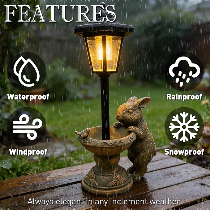 Solar Rabbit Garden Statue for Outdoor Decor with Lantern - Lawn Decoration 15.8“ Tall Bunny Figurine Lights for Patio, Yard, Porch Ornament - Valentine's Day Gifts for Mom, Grandma, Women