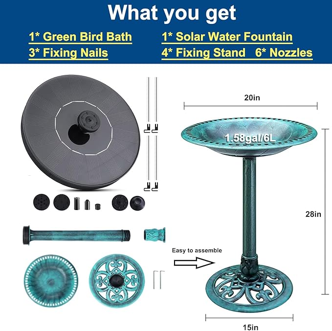 Bird Bath for Outside, Large 28 inch Tall Birdbaths for Outdoors with Solar Water Fountain, Plastic Retro Green Bird Baths Bowl for Outdoor Garden Lawn Yard Patio Hotel Landscape Decor - Wide 20"