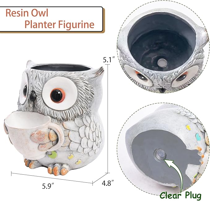 Saysmile Unique Owl Plant Pots Indoor, Cute Small Succulent Pots with Drainage Hole, Watering Owl Planters for Indoor Outdoor Plants, Resin Flower Pot for String of Pearls, Gift Ideas for Mother