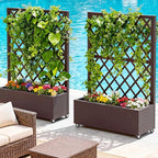 Metal Planter Box with Privacy Screen Trellis,Galvanized Raised Garden Bed On Wheels for Climbing Plants Vines, Standing Garden Flower Bed with Drainage Holes(Espresso, 35" L x16 W x 55" H)