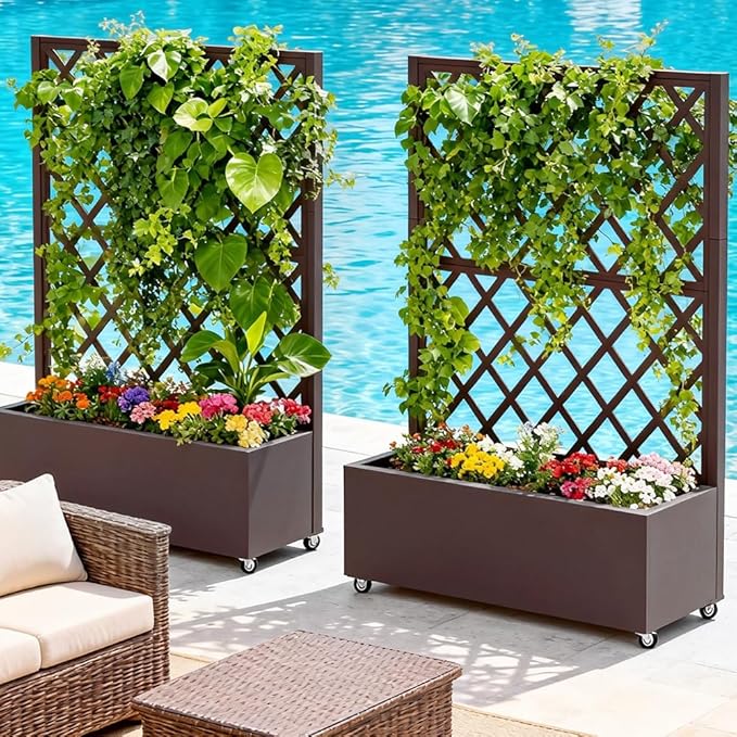 Metal Planter Box with Privacy Screen Trellis,Galvanized Raised Garden Bed On Wheels for Climbing Plants Vines, Standing Garden Flower Bed with Drainage Holes(Espresso, 35" L x16 W x 55" H)
