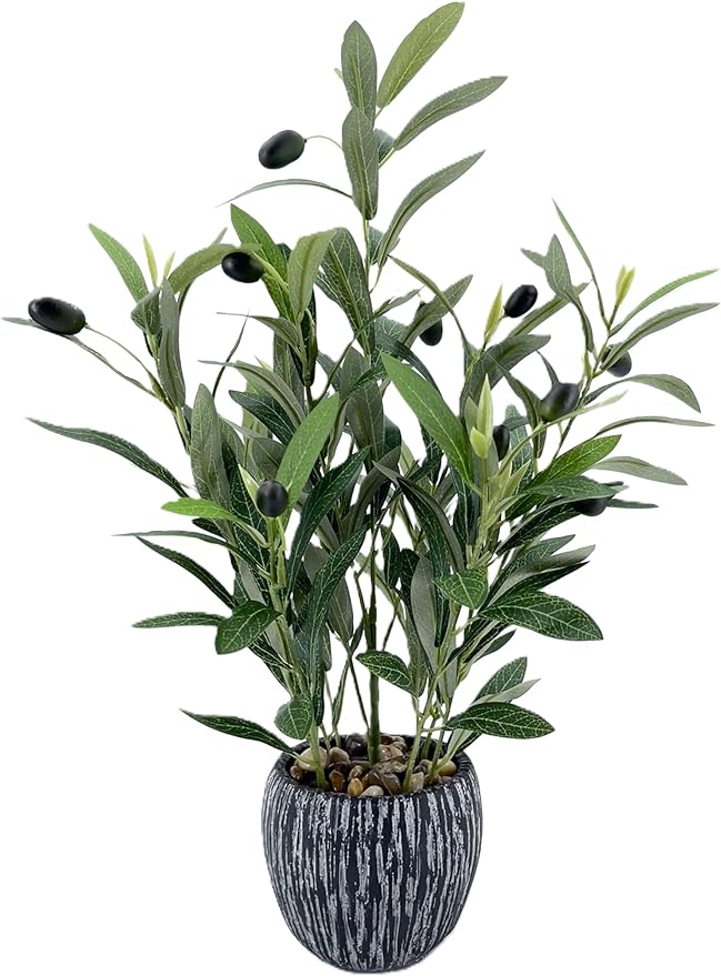 Olive Branches Artificial Plants Décor Indoor 17.72'' Tall Fake Olive Branch with Rustic Black Cement Planter for Vintage Room Bathroom Bedroom Kitchen Office Dese Coffee Table Décor