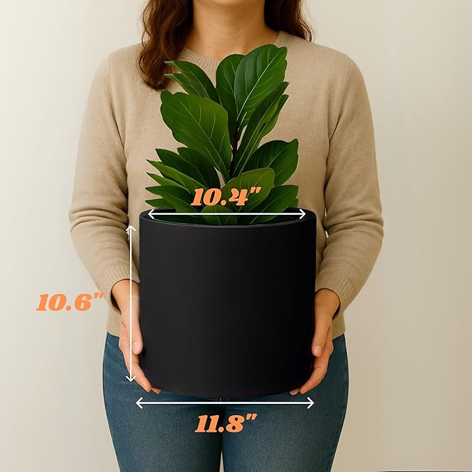 Fox & Fern Large 12 Inch Black Plant Pot — Premium Lightweight Fiberstone Matte Black Planter w Drainage Plug, Large Indoor & Outdoor Planter; 12 Inch Pots for Plants, Weather Resistant & UV Resistant