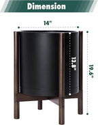 D'vine Dev Planter Pot with Stand - 14 Inch Plastic Cylinder Flower Pot with Wood Planter Holder for Indoor, Matte Black Pot + Walnut Color Stand, 55-C-R-2