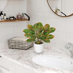 GnFlus Fake Plants Set of 2 Artificial Plants Faux Croton Plant with White Pots Fake Potted Plants Artificial Decor for Farmhouse Room Bathroom Bedroom Kitchen Office Table Desk Green and Red