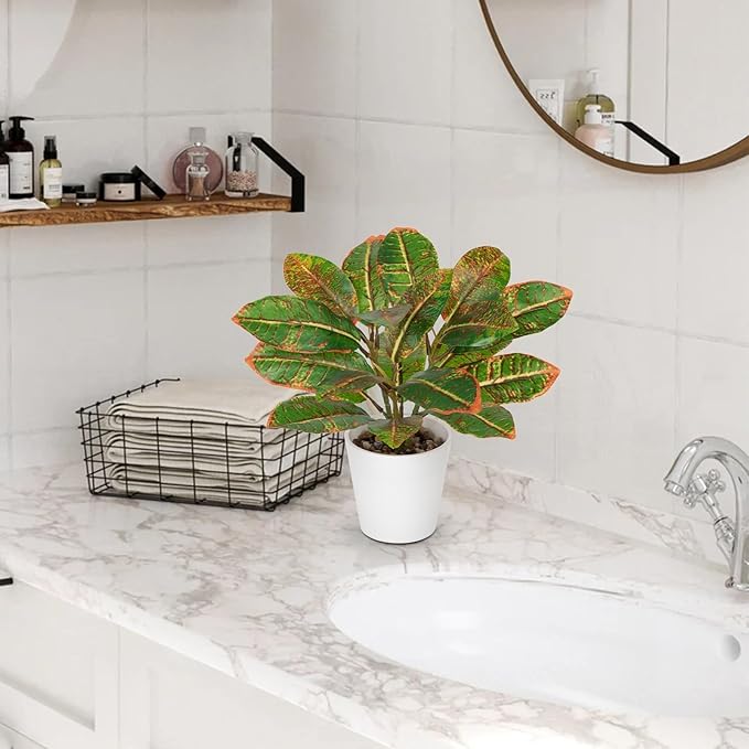 GnFlus Fake Plants Set of 2 Artificial Plants Faux Croton Plant with White Pots Fake Potted Plants Artificial Decor for Farmhouse Room Bathroom Bedroom Kitchen Office Table Desk Green and Red