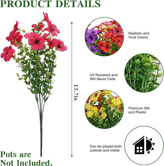 CEWOR 12 Bundles Artificial Flowers for Outdoor Indoor, Fake Silk Daisy with Eucalyptus Leaves, Faux Flower for Garden Front Door Porch Planter Patio Home Decor (Mix Red Purple Yellow Fuchsia)