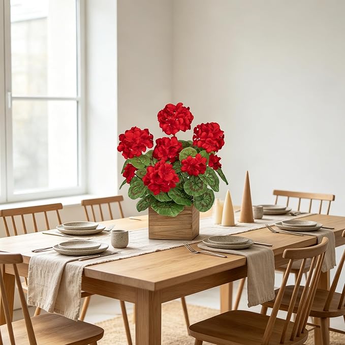 Briful Artificial Geraniums Flowers in Square Wooden Box, Faux Red Silk Geranium Potted Plant, 15.7" Fake Floral Arrangement for Rustic Farmhouse Home Kitchen Table Centerpiece Patio Décor