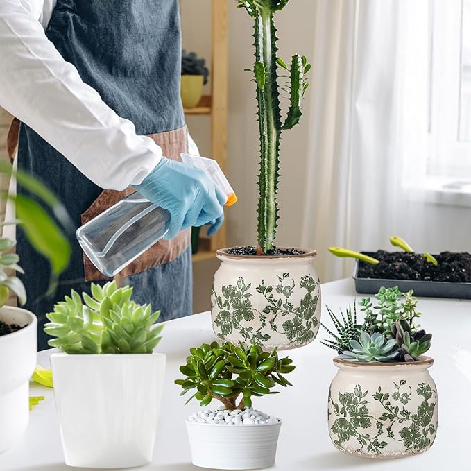 2 Pcs Vintage Planter Ceramic Plants Pot with Drainage Ice Crack Scroll Flower Vase Pot for Indoor Outdoor Plants Home Kitchen Decor Gifts (Vintage Floral,5.9")