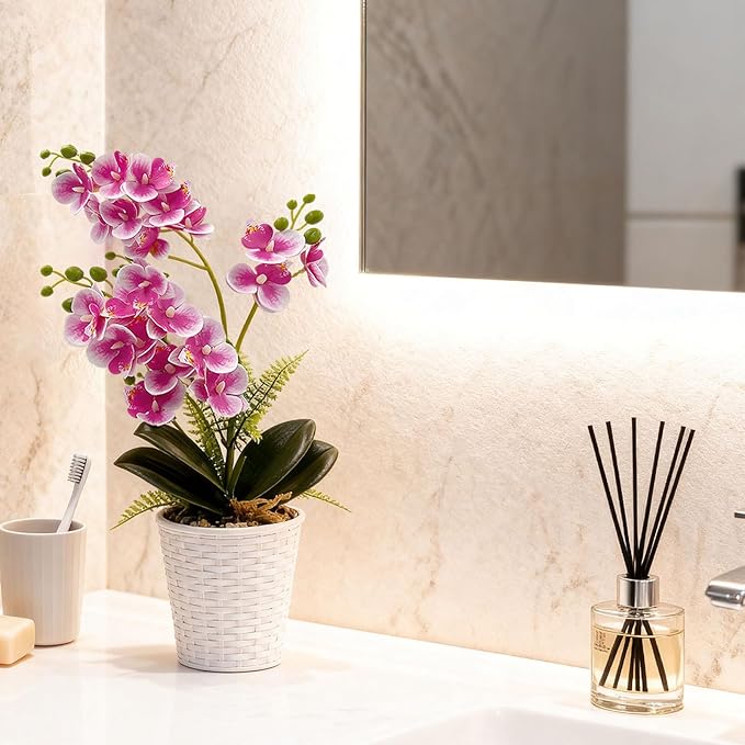 Daily Treasures 21-Heads Artificial Orchid Flower in Pot,2 Pack Potted Orchid Plant,Fake Phalaenopsis Flowers with Plastic Vase,Silk Flowers Indoor Decor for Home Table Centerpiece(White & Purple)