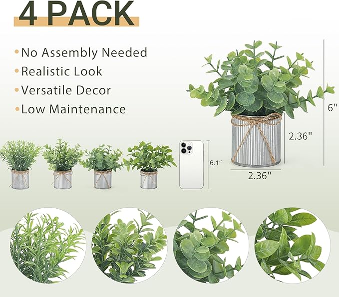Mkono 4 Packs Small Fake Plants in Farmhouse Galvanized Pots Table Centerpiece Mini Potted Artificial Plants Faux Eucalyptus for Shelf Office Rustic Home Decor (Gray, Mini-6" H)