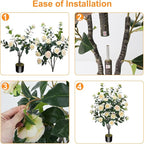 3.6FT Artificial Camellia Fake Tree, Artificial Plants & Flowers with 32 Yellow Pink Flowers for Door Front Decoration Porch Patio Living Room Office Indoor Outdoor Decoration (Contains Faux Moss)