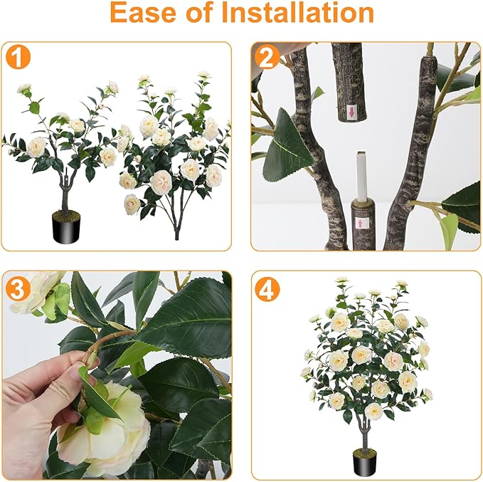 3.6FT Artificial Camellia Fake Tree, Artificial Plants & Flowers with 32 Yellow Pink Flowers for Door Front Decoration Porch Patio Living Room Office Indoor Outdoor Decoration (Contains Faux Moss)