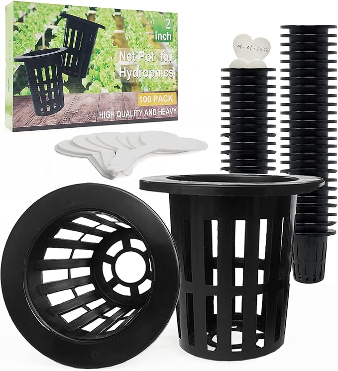 100 Pack 2 inch Net Pots Hydroponics Supplies Cups, Round Wide Lip Design Orchids Aquaponics Garden Slotted Mesh Heavy Duty Net Pot with 20 Pcs Plant Labels