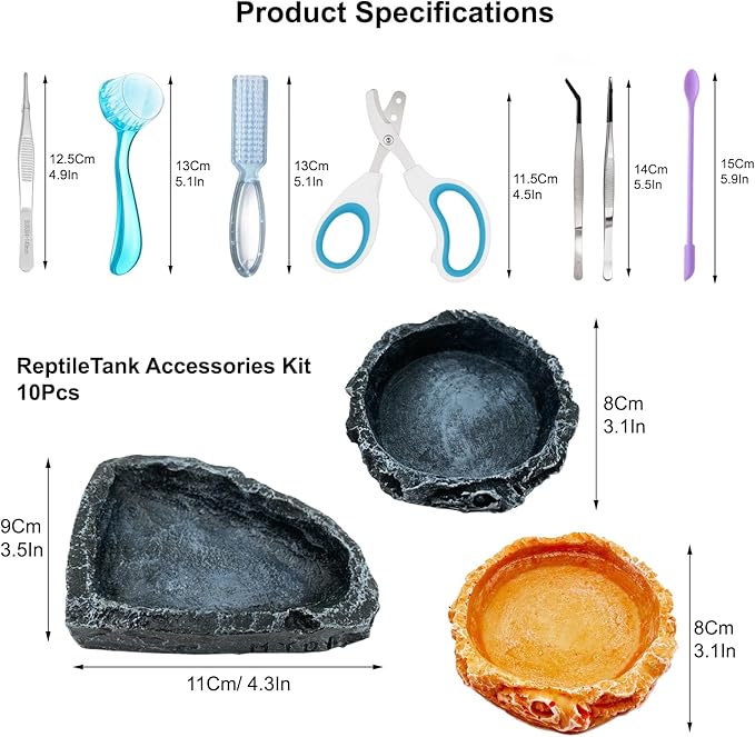Bearded Dragon Tank Accessories Kit – 10pcs Reptile Water Food Bowl, Feeding Tongs with Rubber Tip, Grooming & Cleaning Set for Lizards, Geckos & Small Reptiles