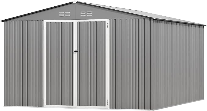 10 x 12FT Sheds & Outdoor Storage, Grey Metal Waterproof Storage Shed with Door and Lock Outdoor Shed,All-Weather Shelter for Bike, Gardening Tools, Lawn Mowers