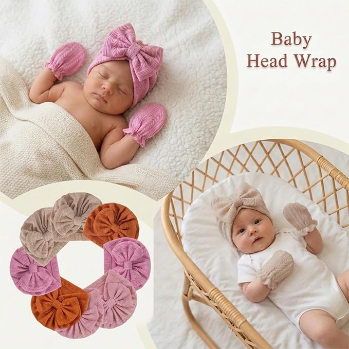 Newborn Baby Girl Hats Mittens Set Cotton Hospital Bow Hat Beanies Caps Gloves for New Born Girls 0-6 Months