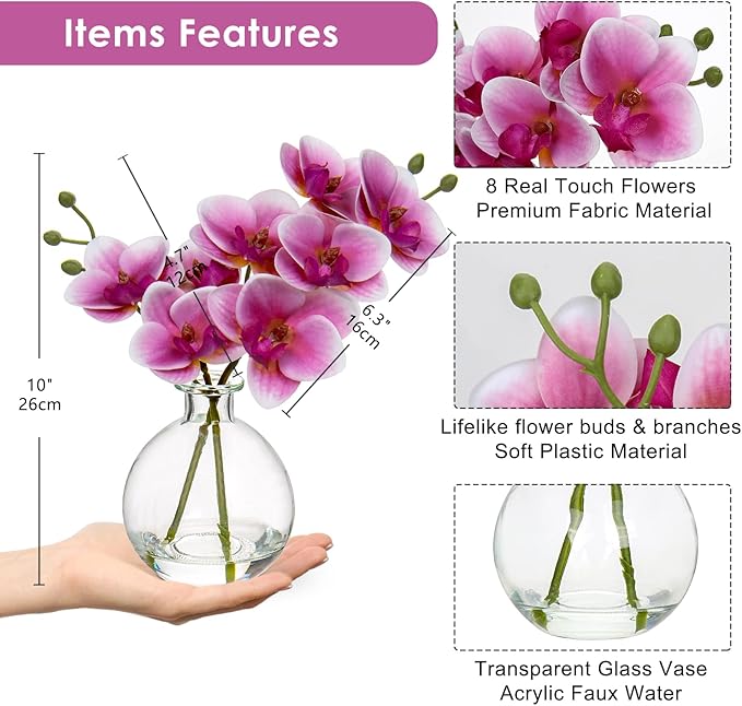 Oairse Pink Orchids Artificial Flowers Faux Orchid Arrangement with Clear Glass Vase Set of 2 Real Touch Phalaenopsis Orchid Flowers Orchid Centerpiece for Dining Room Table