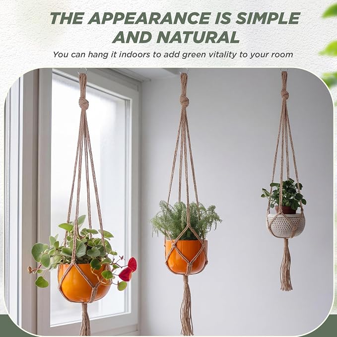 EBOOT 3 Pack 33 41 48 Inch Large Macrame Plant Hanger Rope to Hang Flower Pot Plant Holder for Indoor Outdoor Decorations, 4 Legs (Linen Color)