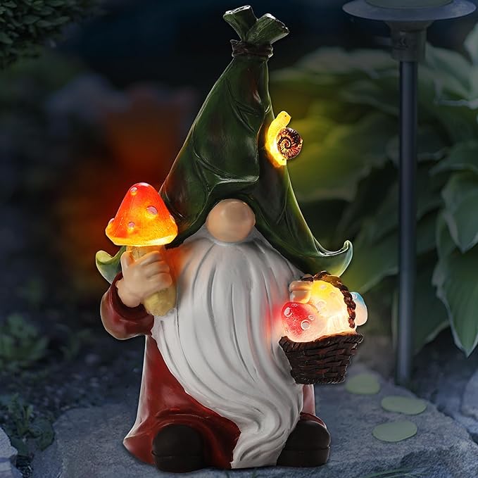 Gnome Solar Garden Statue with 3 LED Lights, Mushroom-Picking Gnome Statue Outdoor Decor for Patio, Yard, Balcony, Lawn Ornament, Gift for Mom, Grandma Mother's Day Christmas Day Decorations
