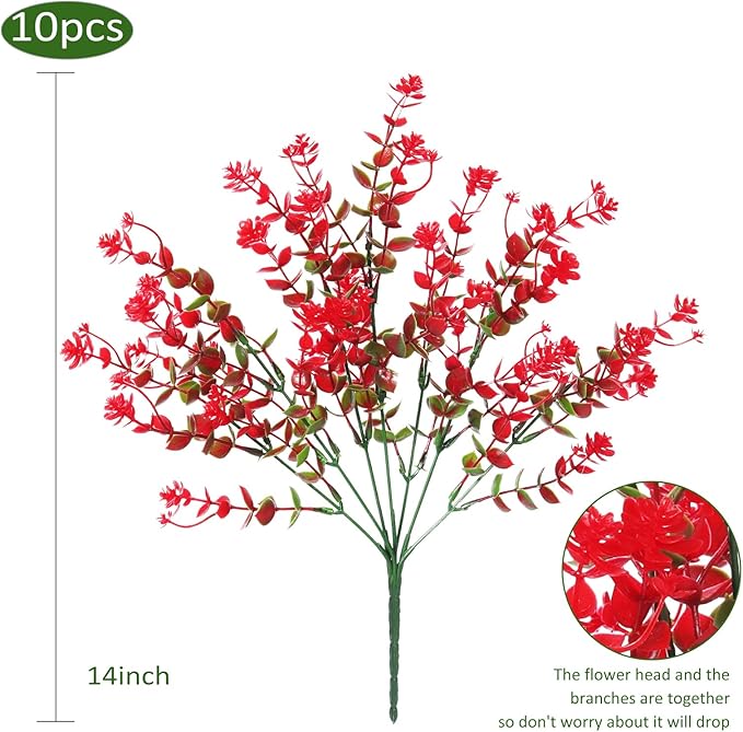 RECUTMS Fake Greenery Boxwood Plant Outdoor Artificial Flowers UV Resistant Fake Boxwood Plastic Plants Greenery Shrubs for Summer Indoor Outdoor Garden Patio Window Box Kitchen Home Decor(Red)