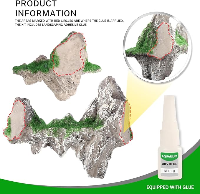 Aquarium Mountain View Stone Ornament, Resin-Coated Rockery with Flocked Cover Like Grass, Artificial Plastic Plants Suitable for Small Fish and Shrimp Play Decorations