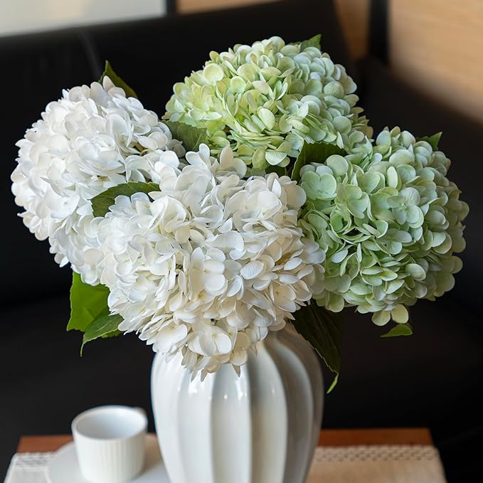 DUYONE 4Pcs 22 inch Lifelike Artificial Hydrangea,2 White & 2 Light Green Large Flowers Artificial Flowers Dry Flowers Outdoor Wedding Christmas Office Family Party Living Room Table Deco