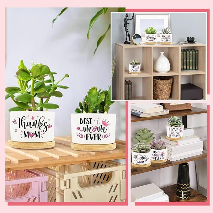 Tarklanda 3Pcs Gifts for Mom Best Mom Ever Succulent Pots Mini Ceramic Plant Pots with Bamboo Tray Pot Planters Birthday Thanksgiving for Mother-in-Law Wife Plants Not Included