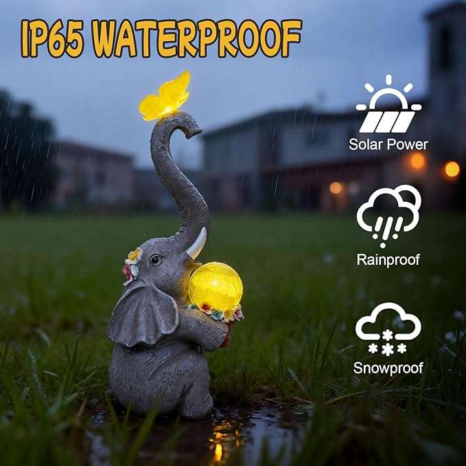 BeePeep Solar Elephant Garden Statues Decor Waterproof Figurine Resin Sculpture Gift for Mom Grandma, Outdoor Decorations for Porch Lawn Yard Home House Gardening Birthday Housewarming (Elephant)