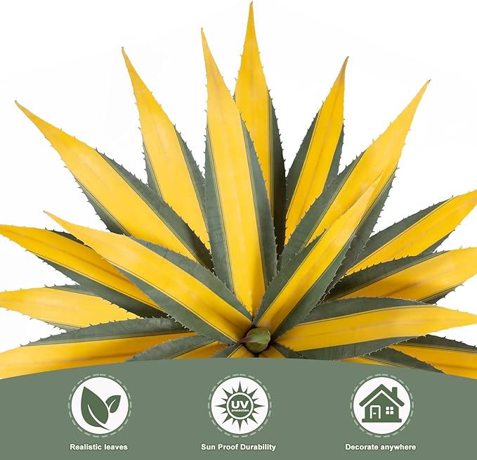 Artificial Green Edged Gold Leaf Spiny Agave Plant with 23 Leaves, 23.62in Faux Agave for Indoor & Outdoor Home Decor Perfect for Porch Living Room Bedroom Patio & Office（2 Pack）