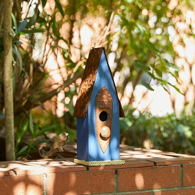 Glitzhome Bird Houses for Outside, Hanging Bird House for Outdoors, 13.25" H Retro Blue Distressed Solid Wood Pet Cottage Garden Decorative Birdhouse for Swallow Sparrow Finch Cardinals