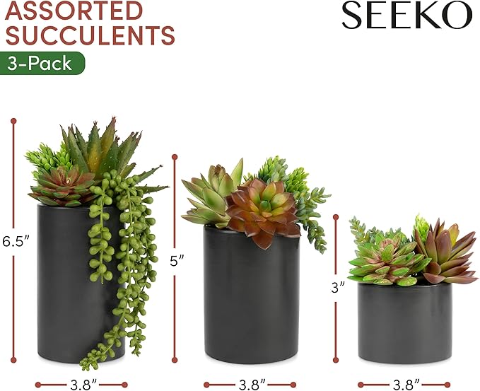 Fake Succulents Plants Artificial in Premium Ceramic Pots (3 Pack Assorted) Realistic Faux Succulents for Bathroom, Home & Office Decor