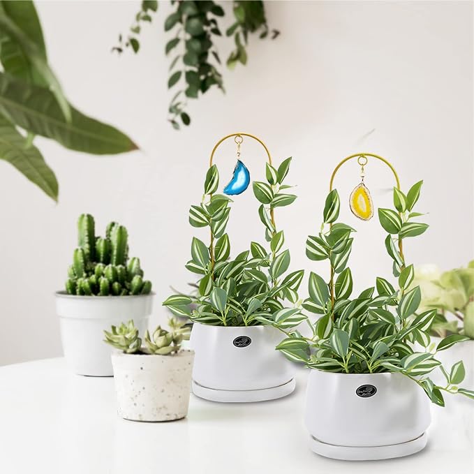2PCS Small Gold Trellis for Climbing Plants Indoor, Mini Metal Houseplant Climber Support for Potted Plants, Boho Decorative Pot Lattice with Agate for Hoya, Pothos, Ivy, Philodendron