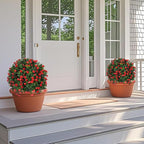 Grooy Artificial Boxwood Topiary Tree with Rose, Set of 2 Artificial Shrub Bushes with Ground Spike, Fake Evergreen Tree for Porch, Artificial Plants for Outdoor Planters Indoor UV Resistant